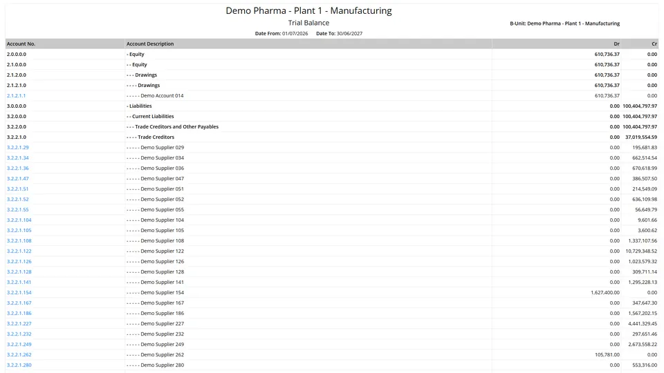 Hierarchical trial balance per business unit with debit and credit columns