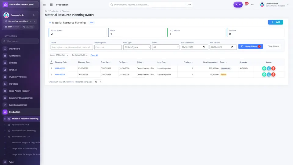 Material resource planning list of plans by period with manufacturing order raised status