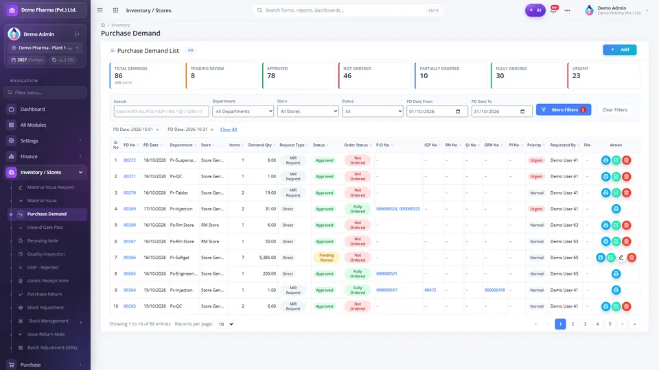 Purchase demand list with review and approval status and document-chain columns for PO, IGP, RN, QI, GRN and purchase invoice
