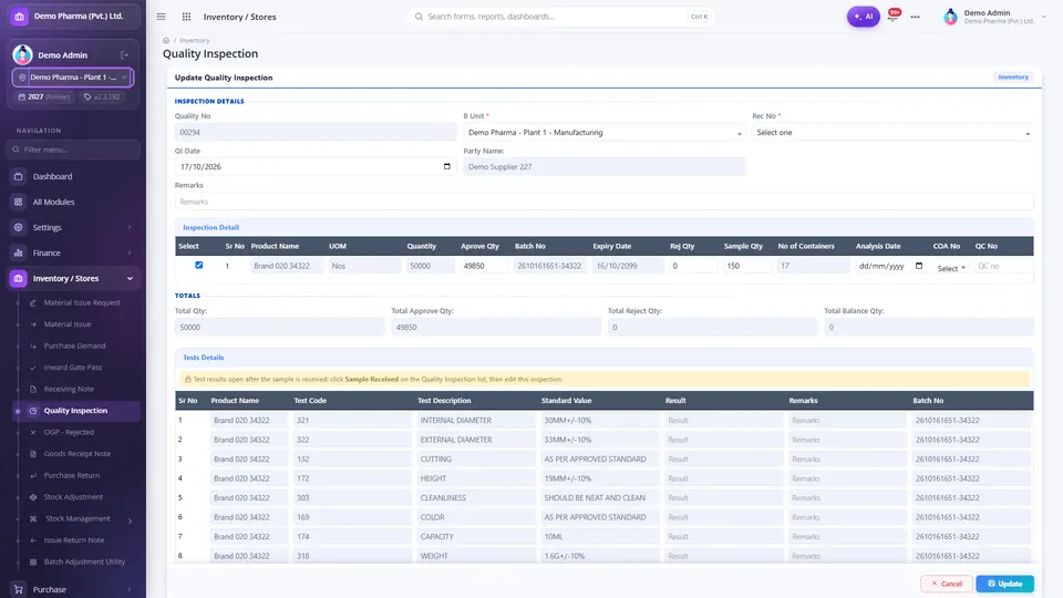 Quality inspection result entry with batch, expiry, approved, rejected and sample quantities and the tests allocated to the item with standard values