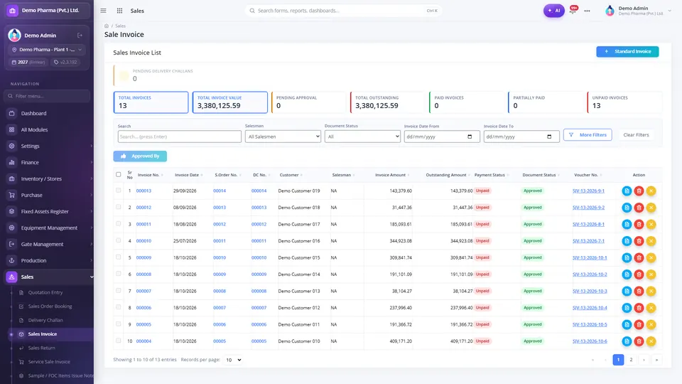 Sale invoice list with outstanding and payment status, voucher link and FBR posting badge column